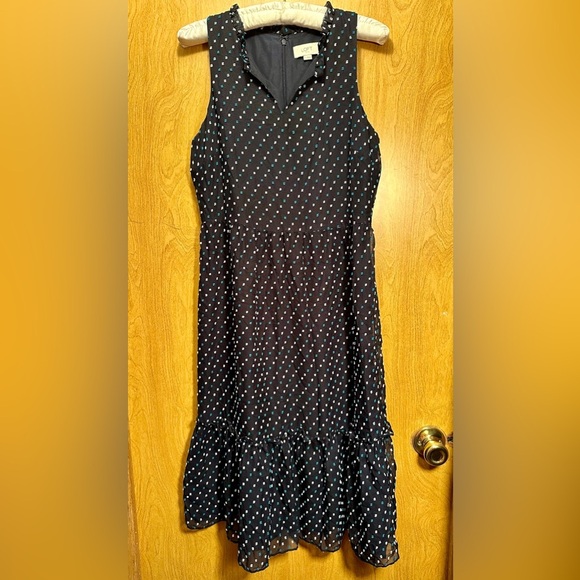 LOFT Outlet Women's Navy Green Clip Dot Flounce Ruffle Hem Sleeveless Sz. 0 - Picture 2 of 7